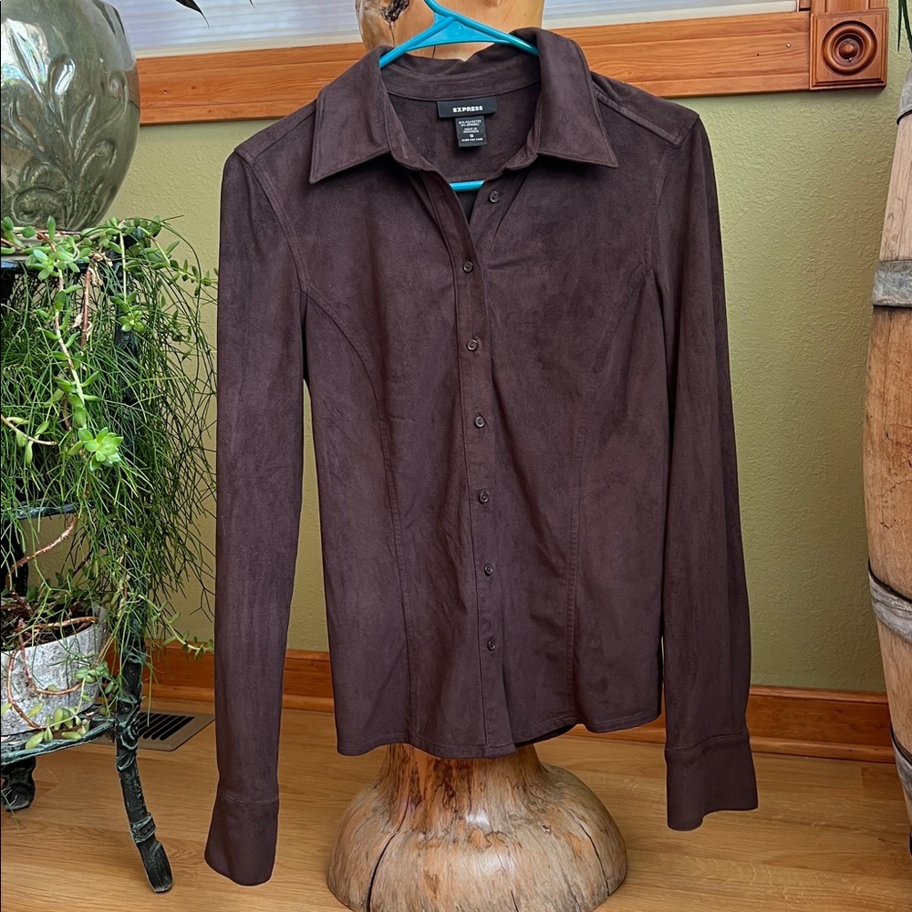 Express - Vintage Velour Brown Long Sleeve Western Cowgirl Shirt - Size S